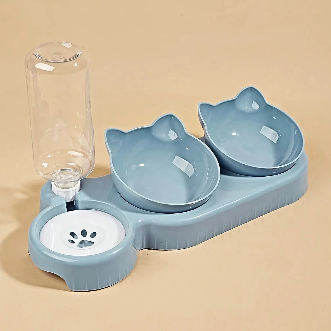 Pet Bowls With Water Feeder, 3 In 1 Ear Design Tilted Cat Water And Food Bowl Set With Gravity Water Bottle