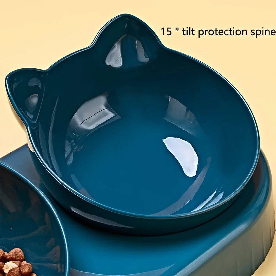 Pet Bowls With Water Feeder, 3 In 1 Ear Design Tilted Cat Water And Food Bowl Set With Gravity Water Bottle